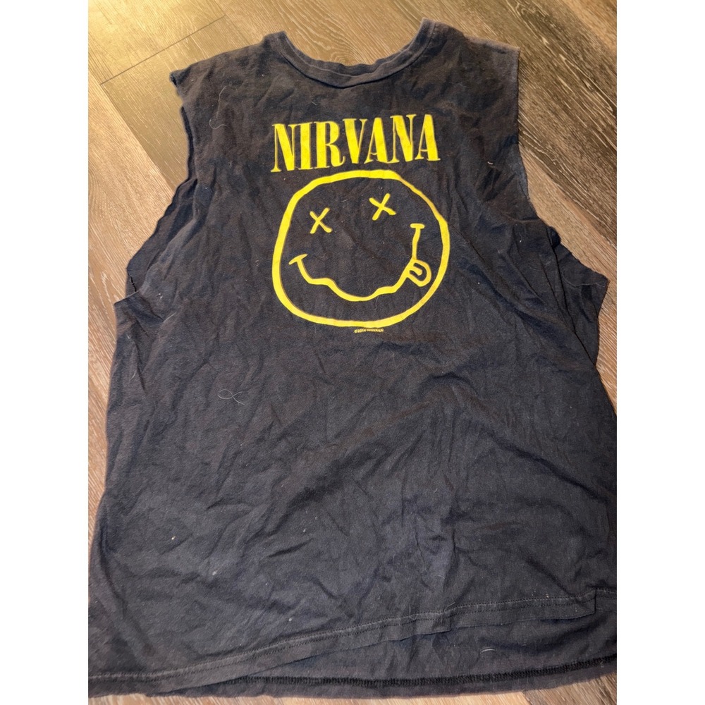 Nirvana Smiley Face Graphic Muscle Tee‎ Mens Black Sleeveless Grunge Band Shirt